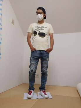 「PPFM（ピーピーエフエム）のアイテム」を使った、よく食べ寝て音楽聴き旅ほぼデニムさん（メンズ・180cm）の夏コーディネート