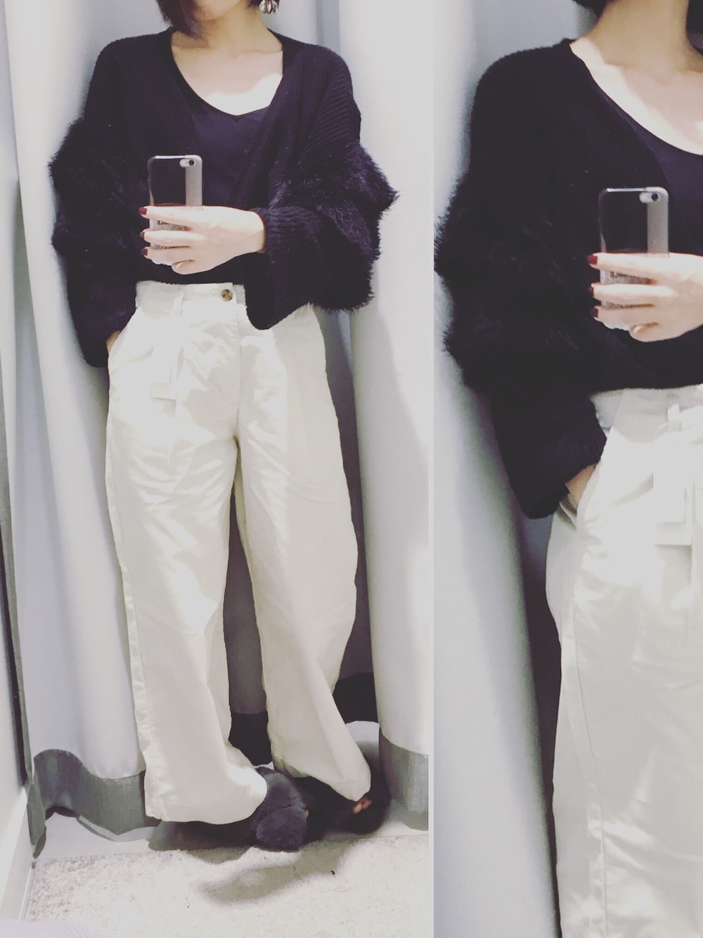 「アメホリ、ワイドパンツ 白、コーデュロイパンツ、プチプラ、ワーママコーデ、ファーサンダルgu、ファーサンダル、ハイウエストパンツ、カジュアルコーデ、オトナカジュアル」｜「AMERICAN HOLICのハイウエストコーデュロイワイドパンツ（その他パンツ、ホワイト系）」を使った、kimiさん（レディース・157cm）の冬コーディネートの1枚目の写真