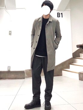 「STUDIOUS（ステュディオス）のアイテム（ステンカラーコート）」を使った、ヒロユキさん（メンズ・172cm）の春コーディネート