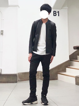 「スラックスパンツ」｜「アイテム（ライダースジャケット）」を使った、ヒロユキさん（メンズ・172cm）の春コーディネート