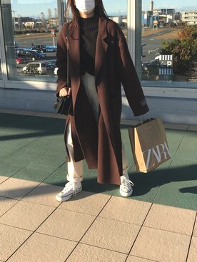 「LOWRYS FARM（ローリーズファーム）のアイテム（ノーカラーコート）」を使った、むっくさん（レディース・153cm）の冬コーディネート