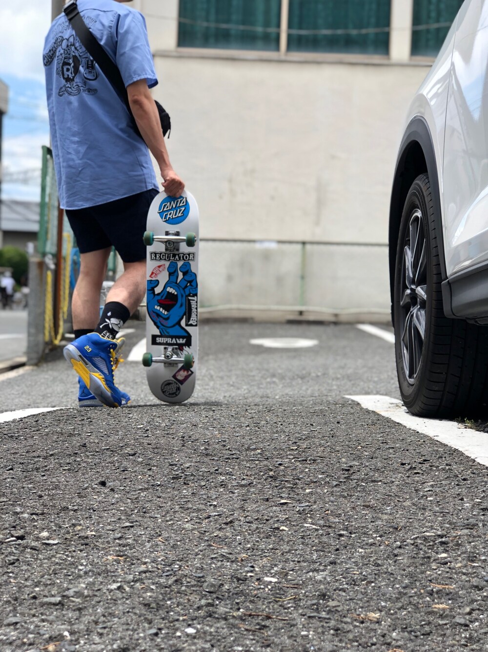「マジカルモッシュミスフィッツ、airjordan5、aj5、ワークシャツ、スケータースタイル、スタンスソックス」｜「Jordanのアイテム（スニーカー、ブルー系）」を使った、syo-riさん（メンズ・178cm）の夏コーディネートの1枚目の写真
