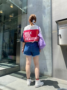 「アイテム（トートバッグ、パープル系）」を使った、MILKFED.STAFFさん（レディース・164cm）の夏コーディネート