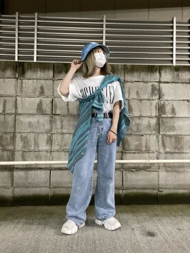 「PBLIM（ページボーイリム）のPAGEBOYLIM/ロゴ刺繍バケットハット2（ハット）」を使った、はおさま。さん（レディース・152cm・20代）の夏コーディネート