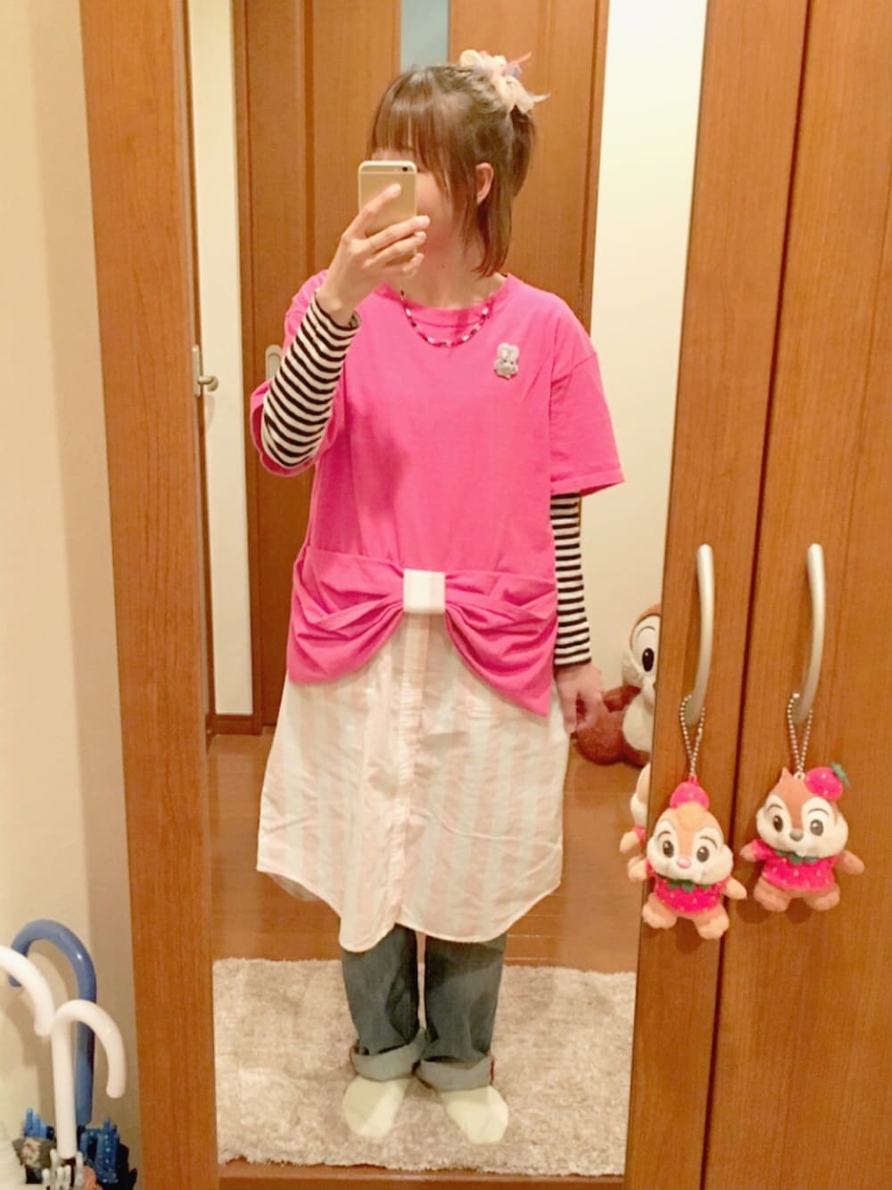 「aikoジャンキー、ハーフアップ、ハンドメイド、リボンワンピ、ピンク、春色、ワンピ×デニム」｜「Handmadeのアイテム（ワンピース/ドレス、ピンク系）」を使った、コダさん（レディース・154cm）の冬コーディネートの1枚目の写真