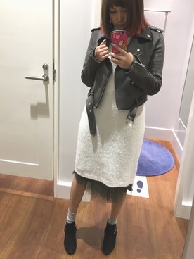「ショッピング」｜「アイテム（ライダースジャケット）」を使った、あいさん（レディース・153cm）の春コーディネート