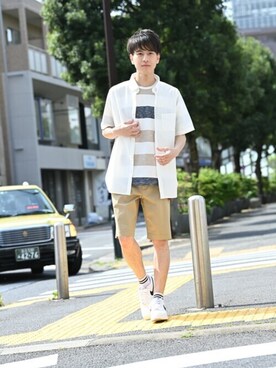 「NAVY（ネイビー）のアイテム（トップス）」を使った、マックハウスZOZOスタイリスト メンズさん（メンズ・178cm）の春コーディネート