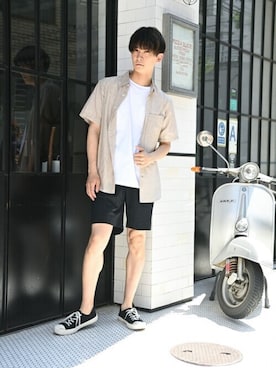 「NAVY（ネイビー）のアイテム（パンツ）」を使った、マックハウスZOZOスタイリスト メンズさん（メンズ・178cm）の夏コーディネート