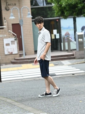 「NAVY（ネイビー）のアイテム（トップス）」を使った、マックハウスZOZOスタイリスト メンズさん（メンズ・178cm）の夏コーディネート