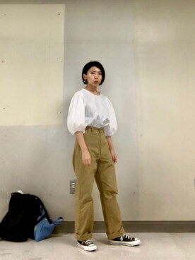 「H&M（エイチ・アンド・エム）のアイテム（シャツ/ブラウス、ホワイト系）」を使った、ma---riさん（レディース・151cm）の夏コーディネート