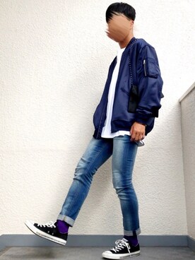 「SEVENDAYS=SUNDAY（セブンデイズサンデイ）のアイテム（MA-1）」を使った、まじんこさん（メンズ・173cm）の秋コーディネート