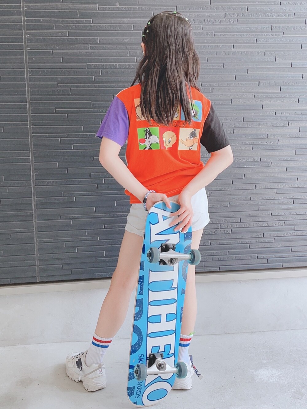 「キッズコーデ、女の子、js5、5年生、スケータースタイル、スケボー女子、スケボーキッズ」｜「Right-on KIDSのアイテム（Tシャツ/カットソー、その他）」を使った、☆Rico☆さん（キッズ・138cm）の春コーディネートの1枚目の写真