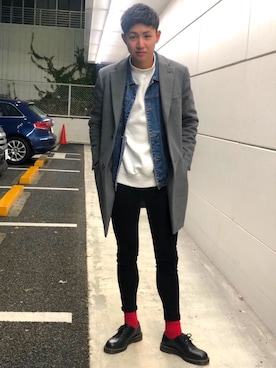 「ソックス」｜「アイテム（チェスターコート）」を使った、𝐊さん（メンズ・180cm）の冬コーディネート