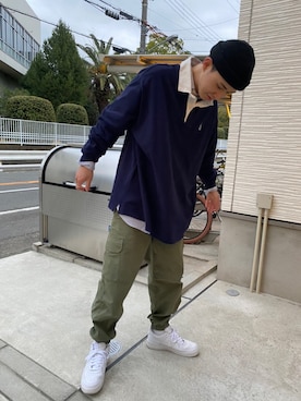 「ラガーシャツ」｜「アイテム（ニットキャップ/ビーニー）」を使った、𝐊さん（メンズ・180cm）の春コーディネート