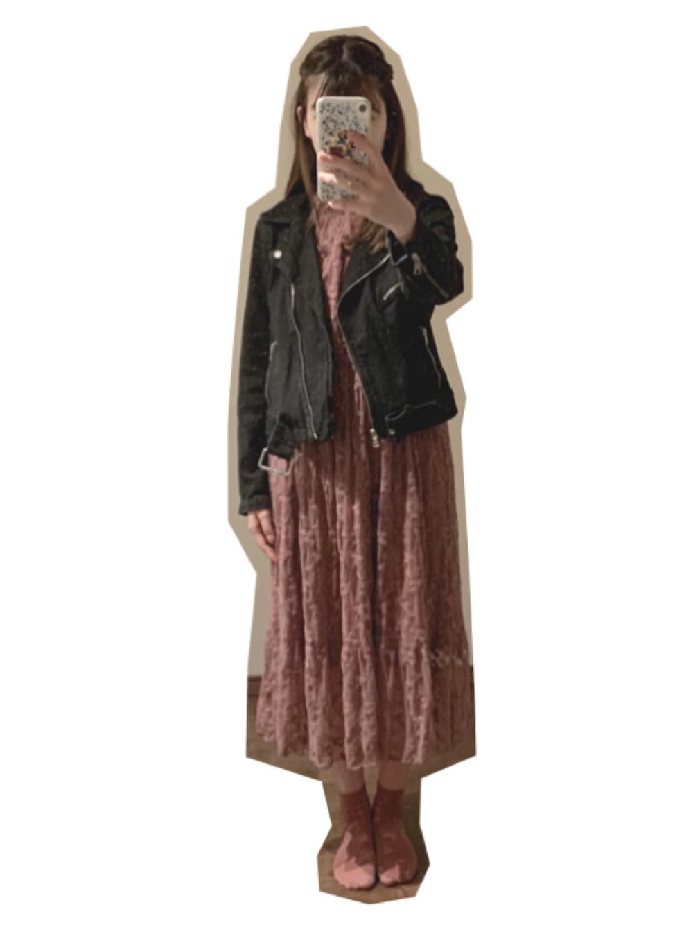 「甘辛mix、レース、ワンピース、ライダース、ピンク、シースルー」｜「one after another NICE CLAUPのLadyオトメレースワンピース（ワンピース、ピンク系）」を使った、manzanas🍎さん（レディース・167cm）の秋コーディネートの1枚目の写真