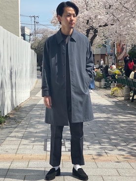 「green label relaxing（グリーンレーベルリラクシング）のアイテム（ステンカラーコート）」を使った、morimoto11289さん（メンズ・177cm）の春コーディネート