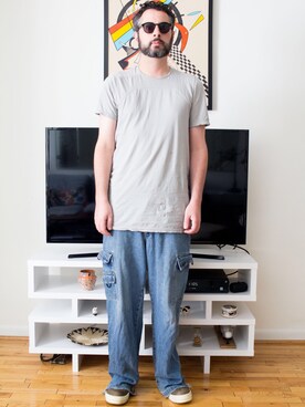 「DRKSHDW by RICK OWENS（ダークシャドウ バイ リックオウエンス）のアイテム（Tシャツ/カットソー）」を使った、Mason Kraneさん（メンズ・183cm）の秋コーディネート