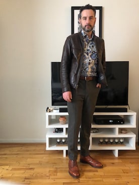 「Ralph Lauren」｜「アイテム（ライダースジャケット）」を使った、Mason Kraneさん（メンズ・183cm）の春コーディネート