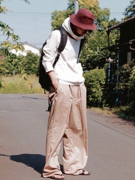 「アイテム（ハット、ブラウン系）」を使った、MOTEASOさん（メンズ・180cm）の夏コーディネート
