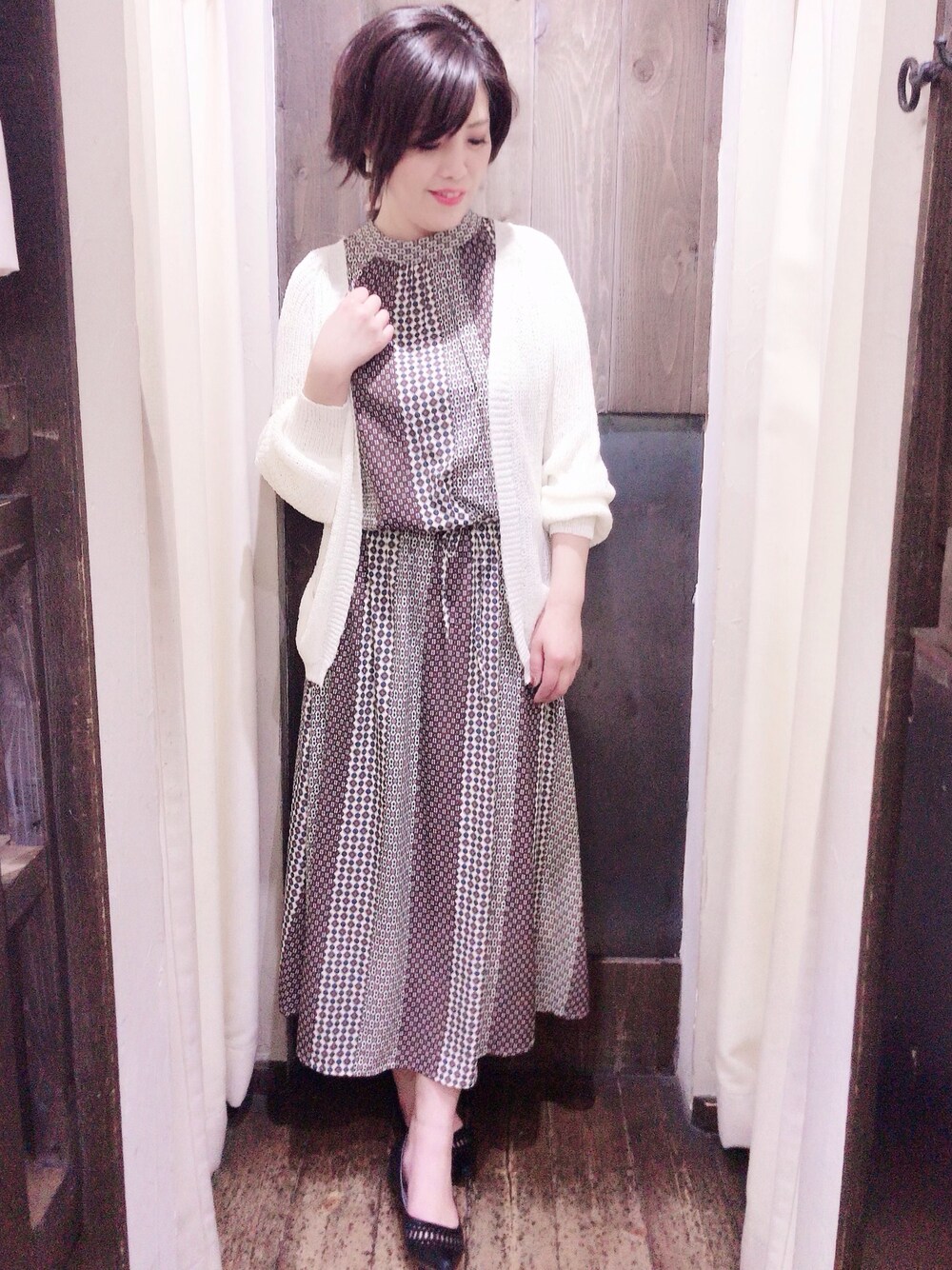 「春コーデ、ootd、ワンピース、エスニック、ノースリーブ、フォローミー、スタッフコーデ、プチプラコーデ、ママコーデ、r.p.s」｜「rpsのプリントノースリーブワンピース（ワンピース、グレー系）」を使った、＊megu＊さん（レディース・163cm）の春コーディネートの1枚目の写真