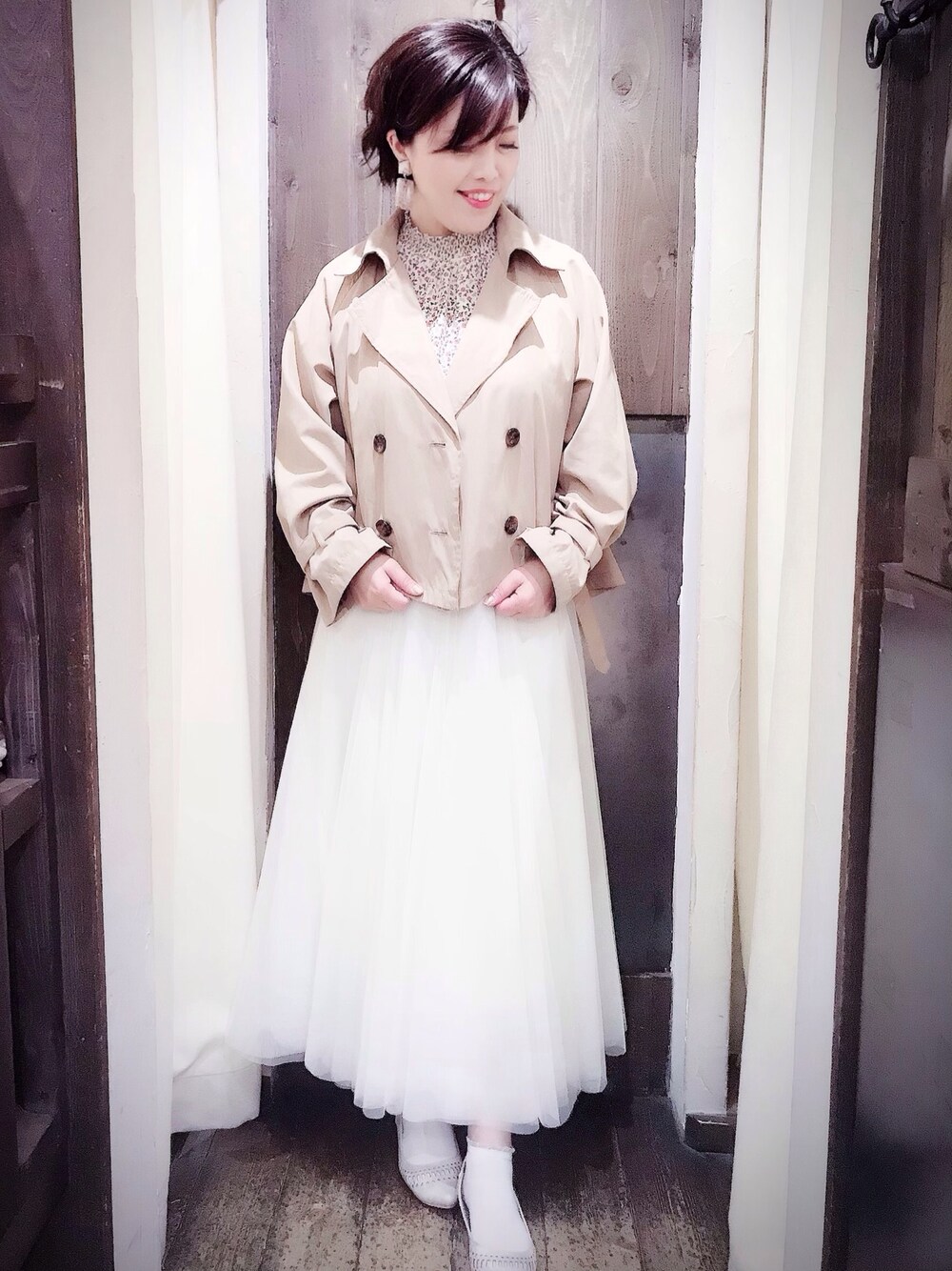 「春コーデ、おしゃれさんと繋がりたい、チュールスカート、ショート丈ジャケット、プチプラ、r.p.s、春、ベージュ、スタッフセンバツ、きれいめカジュアル」｜「rpsのスーパーフレアーチュールスカート（スカート、ホワイト系）」を使った、＊megu＊さん（レディース・163cm）の春コーディネートの1枚目の写真