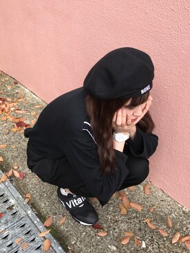 「basiccottonのアイテム（ハンチング/ベレー帽、ブラック系）」を使った、Mさん（レディース・159cm）の秋コーディネート