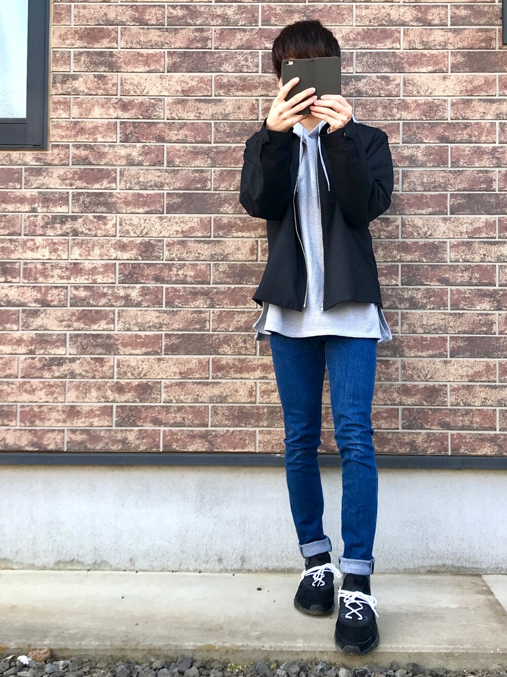 「おしゃれさんと繋がりたい、低身長、シンプルコーデ、春コーデ、スキニー、WEGO、STUDIOUS、ハラチ、いいね、save、フォローお願いします🤑、NIKE」｜「WEGOのWEGO/スウィングトップ（ブルゾン、ブラック系）」を使った、ねるさん（メンズ・164cm）の冬コーディネートの1枚目の写真