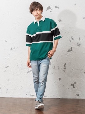 「ラガーシャツ」｜「アイテム（パンツ）」を使った、REONさん（メンズ・173cm）の夏コーディネート