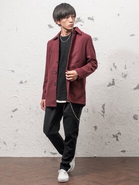 ステンカラーコートを使った ワインレッド のメンズ人気ファッションコーディネート ユーザー ショップスタッフ Wear