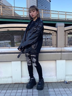 「パンクコーデ」｜「アイテム（ライダースジャケット）」を使った、Kiminoさん（レディース・154cm）の冬コーディネート