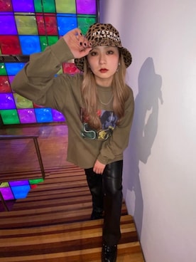 「レザーコーデ」｜「アイテム（帽子）」を使った、Kiminoさん（レディース・154cm）の冬コーディネート
