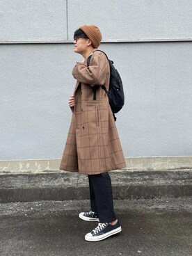「アイテム（チェスターコート、ブラウン系）」を使った、あべじゅんやさん（メンズ・182cm）の秋コーディネート