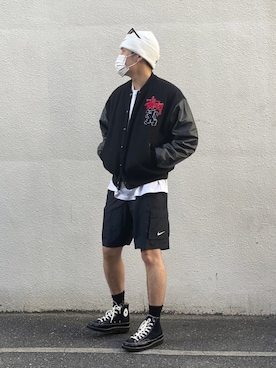 「STUSSY（ステューシー）のアイテム（スタジャン）」を使った、あべじゅんやさん（メンズ・182cm）の春コーディネート