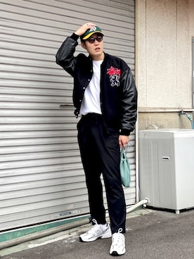 「STUSSY（ステューシー）のアイテム（スタジャン）」を使った、あべじゅんやさん（メンズ・182cm）の春コーディネート