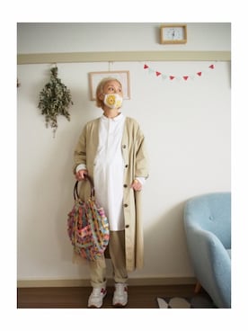 「シャツワンピ」｜「アイテム（ノーカラーコート）」を使った、きゃんさん（レディース・155cm）の春コーディネート