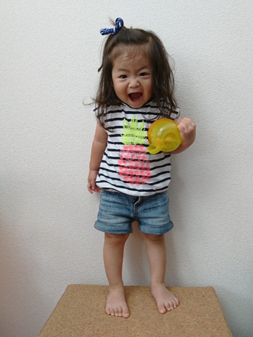 「1歳、1歳6ヶ月、1歳半、あのｺのお誕生日、ひなこちゃんお誕生日おめでとう、ちびボーダー族、プレゼント」｜「めぐちゃんから💓のアイテム（Tシャツ/カットソー、ホワイト系）」を使った、hima♬*ﾟさん（キッズ・70cm）の夏コーディネートの1枚目の写真