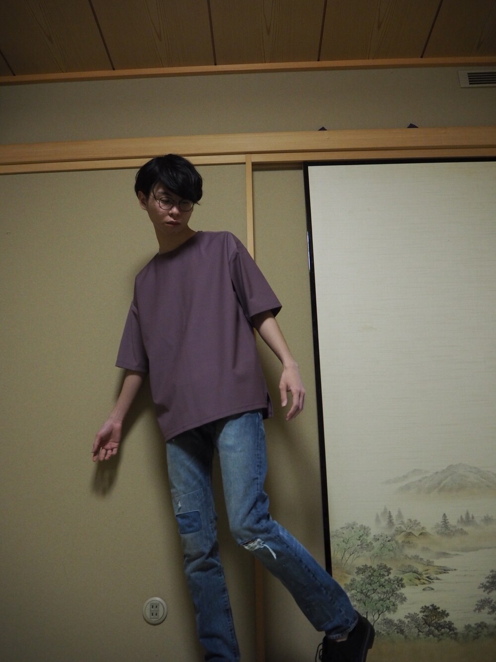「HAREのTWフハクプルオーバー(HARE)（Tシャツ/カットソー、パープル系）」を使った、tkさん（メンズ・169cm）の夏コーディネートの1枚目の写真