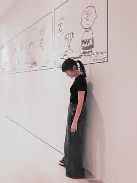 「UNIQLO（ユニクロ）のクルーネックT（半袖）（Tシャツ/カットソー、ブラック系）」を使った、ねぎさん（レディース・160cm）の冬コーディネート