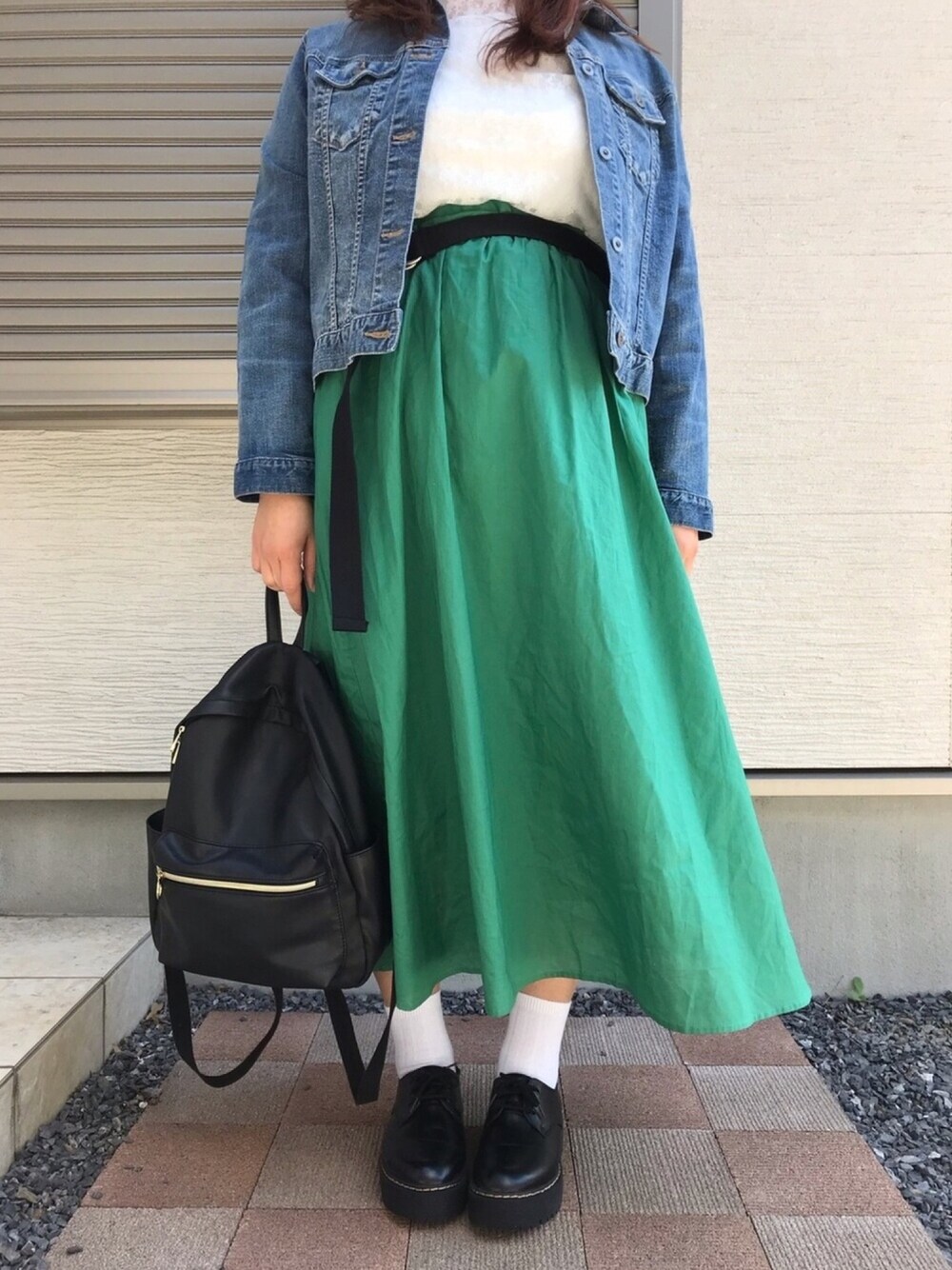 「大柄女子、ゴリラ女子、プラスサイズ、ユニクロ、アベイル、しまむら、今日のコーデ」｜「しまむらのアイテム（スカート、グリーン系）」を使った、あんちゃんさん（レディース・170cm）の春コーディネートの1枚目の写真