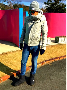 「DIESEL（ディーゼル）のアイテム（ノーカラージャケット）」を使った、YASUさん（メンズ・180cm）の冬コーディネート