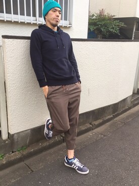 「REPIDO（リピード）のアイテム（帽子）」を使った、カフェ　さん（メンズ・188cm）の秋コーディネート