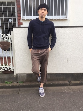 「グレンチェック」｜「アイテム（ハンチング/ベレー帽）」を使った、カフェ　さん（メンズ・188cm）の秋コーディネート