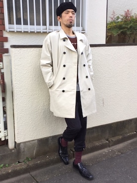 「CASPER JOHN AIVER（キャスパージョンアイバー）のアイテム（トレンチコート）」を使った、カフェ　さん（メンズ・188cm）の秋コーディネート