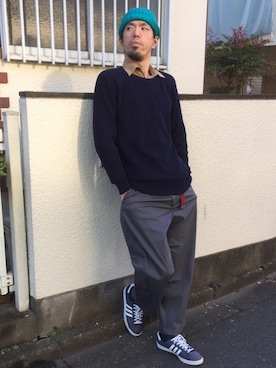 「REPIDO（リピード）のアイテム（帽子）」を使った、カフェ　さん（メンズ・188cm）の冬コーディネート