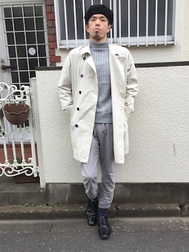 「CASPER JOHN AIVER（キャスパージョンアイバー）のアイテム（トレンチコート）」を使った、カフェ　さん（メンズ・188cm）の冬コーディネート