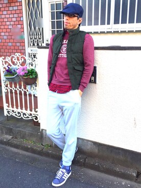 「ハンチング」｜「アイテム（ダウンベスト）」を使った、カフェ　さん（メンズ・188cm）の冬コーディネート