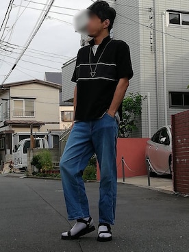 「クルーネックTシャツ」｜「アイテム（アクセサリー）」を使った、カフェ　さん（メンズ・188cm）の春コーディネート