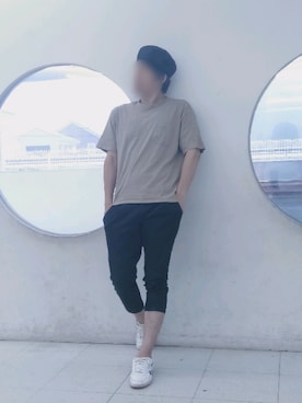 「アンクルパンツ」｜「アイテム（ハンチング/ベレー帽）」を使った、カフェ　さん（メンズ・188cm）の夏コーディネート