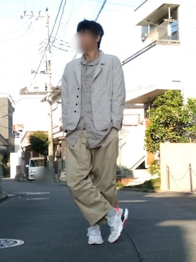 「ロングシャツ」｜「アイテム（ノーカラージャケット）」を使った、カフェ　さん（メンズ・188cm）の秋コーディネート