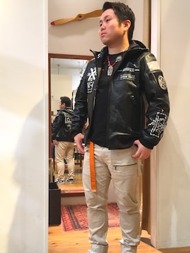 「ラフスタイル」｜「アイテム（ライダースジャケット）」を使った、三品文哉さん（メンズ・165cm）の夏コーディネート